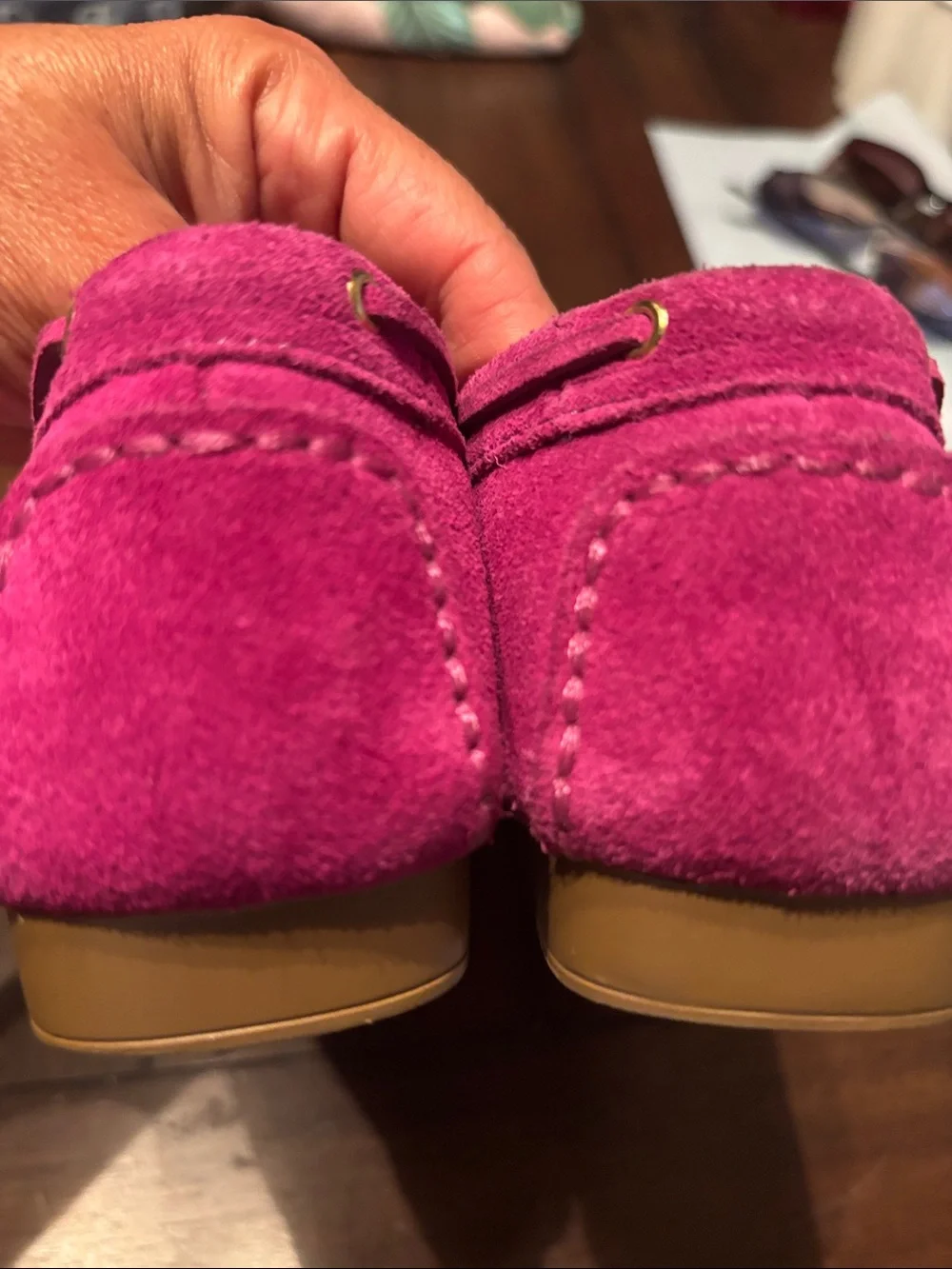 Michael Kors Suede Moccasin Loafers in Bright Fuchsia with Gold Accents